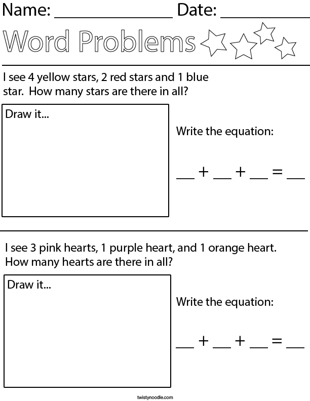 Stars and Hearts Addition Word Problem Math Worksheet - Twisty Noodle